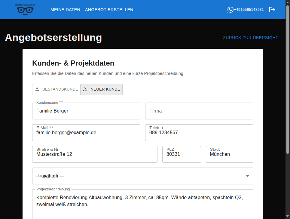 Screenshot: Kundendaten in der Dein KI Handwerker App erfassen